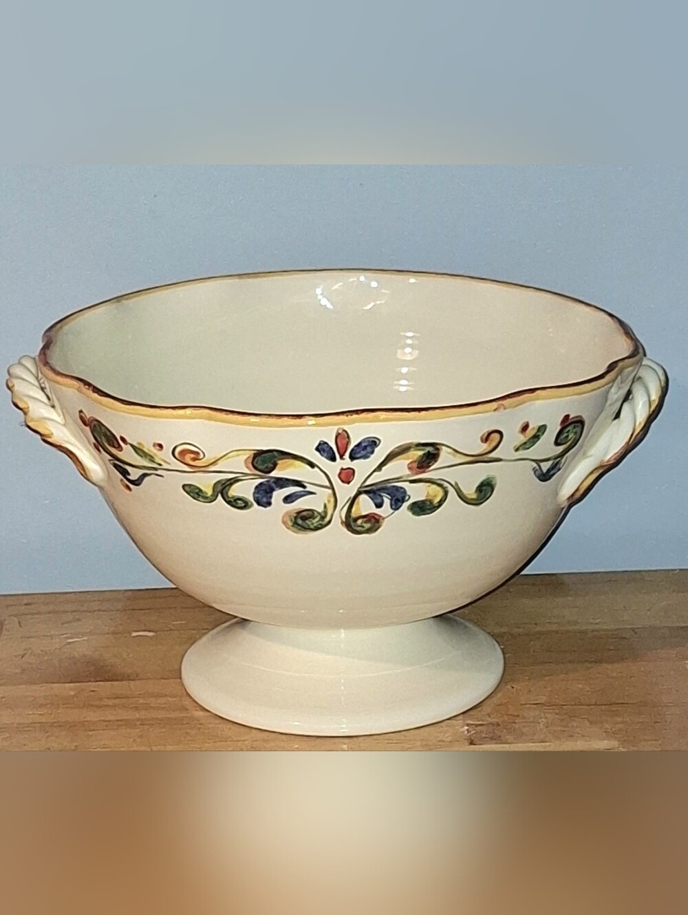 Sur La Table Cream Ceramic Pedestal Bowl with Multicolor Floral Trim